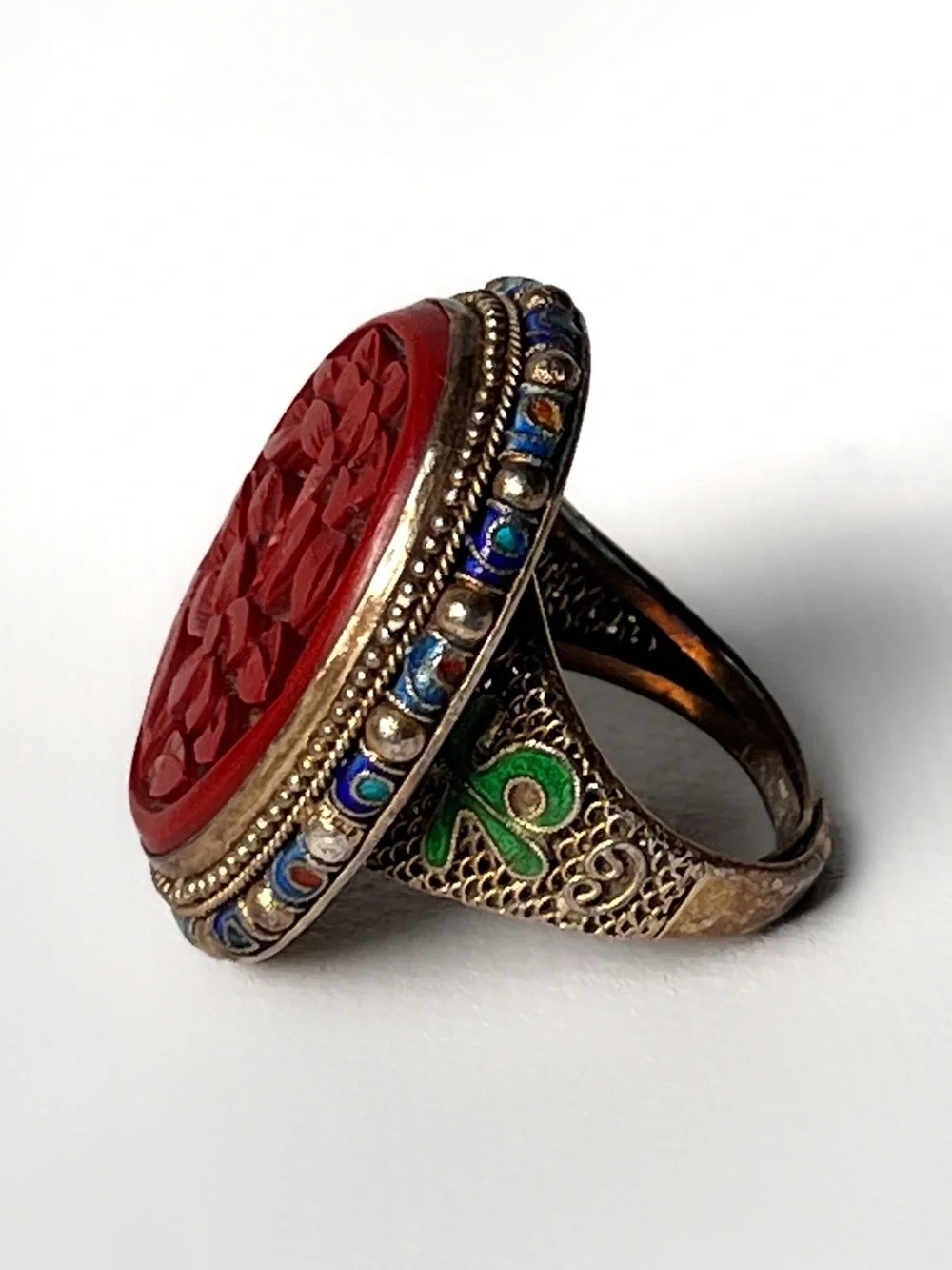 Antique Chinese Cinnabar Ring Carved Floral Silver Gold Gilt Enamel Adjustable